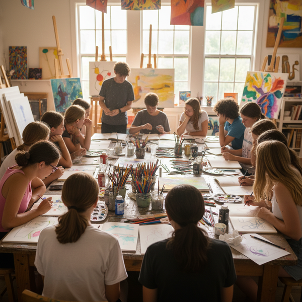 12-17 year old kids around table at summer art camp, square photo format, view from behind - no faces