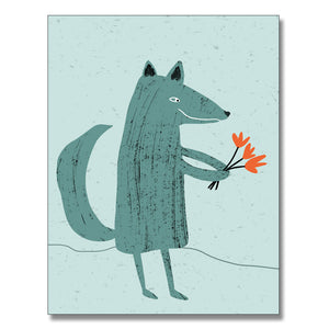A greeting card with an illustration of a blue fox holding a bunch of orange flowers.
