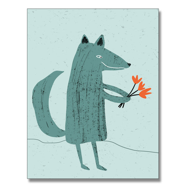 A greeting card with an illustration of a blue fox holding a bunch of orange flowers.